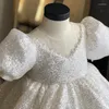 Mädchen Kleider Pailletten Weißes Kleid Für Taufe Party Kleinkind Geburtstag Abend Großen Bogen Prinzessin Hochzeit Baby Vestidos