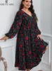 Plus size Dresses SHESTARR Size Women Chiffon Floral Print VNeck Swing Long Sleeve High Waist Loose Midi Summer for 230510