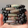 Bracelets de charme Energy Natural Tibetan DZI Bracelete para homens homens Ruyi Dragon Nove Olhos Agat Black Lava Stone Fengshui Jóias de Cura