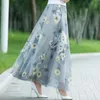 Skirts Spring Summer Chiffon Skirts Ink Painting Print Floral Long Skirt Elegant Chic A-Line Full Length Skirt Ankle Beach Skirts 230511