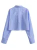 Kvinnors blusar 2023 Kvinnor blå randig dubbelficka korta blus office lady affär chic skjorta kemise blusa skörd topp topp
