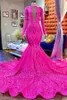 Dubai Arabic Fuchsia Plus Size Mermaid Evening Dresses Deep V Neck Satin Lace Long Sleeves Formal Party Dress Pageant Engagement Celebrity Evening Gowns Custom