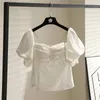 Blusas femininas camisa de shinestones mulheres fora do ombro, tiras de espaguete de abastamento bolhas de babados 2023 estilo coreano de manga curta curta