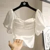 Blusas femininas camisa de shinestones mulheres fora do ombro, tiras de espaguete de abastamento bolhas de babados 2023 estilo coreano de manga curta curta