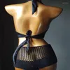 Kvinnors badkläder 2023 Semester Sexig bikini Set Diamond Rhinestion Push Up Handgjorda virkade baddräkt Hög midja baddräkt