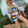 Swimwear 2022 New Sexy Women Knitted Set Two Pieces Set rainbow long sleeve tassel crop top shorts Hollow Out Crochet Beach Wear cover up