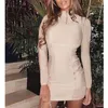 Casual Dresses Sexy Women Nude Beige Autumn Turtleneck Slim Long Sleeve Bodycon Fashion High Neck Club Stretch Good Quality Bandage