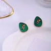 Backs Earrings Vintage Style Enamle Green Stone Clip On Non Pierced Ears French Retro Irregular Round Geomtetric No Hole
