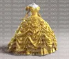 Hellgoldene Prinzessin Quinceanera-Kleider, schulterfrei, plissiert, bauschiger Rock, Belle-Kostüm, Schnürkorsett, Gothic-Ballkleid, Geburtstagskleid