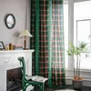 Gardin American Cotton Linen Window Green Plaid Hollow Out Stick Curtain Blackout med Tassel för vardagsrummet