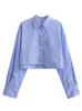 Kvinnors blusar 2023 Kvinnor blå randig dubbelficka korta blus office lady affär chic skjorta kemise blusa skörd topp topp
