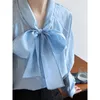 Kvinnors blusar snör upp båge mode lös skjorta blus full ärmar lata överdimensionerade lady toppar kläder