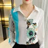 Kvinnors blusar 23 Spring and Autumn Women's Silk Cardigan Colorful Satin Pearl Button Shirt Casual Suit Slim Fit Jacket Summer