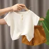 세트 정장 Baju anak perempuan anak bayi setelan pendek kaus katun laki laki balita musim panas celana linen anak pakaian untuk 1 6 tahun 230510