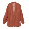 Femmes Tricots Femmes Puff Manches Longues Ouvert Avant Cardigan Léger Swiss-Dot Pompon Jacquard Mousseline De Soie Sheer Flowy Blouse Vestes Manteau M6CD