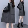 여자 조끼 패션 패션 롱 격자 무늬 조끼 여자 가을과 겨울 2023 한국 버전 소매 소매복 재킷 블렌드 모직 코트 2052