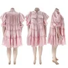 Plus size Dresses Elegant Size Puffy Sleeve 3Tiered Button Up Collar Baby Doll Princess in Pink 5XL Pleated Skirt Fashion 230510