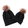 Beralar Anne ve Bebek Kış Şapkası Set Ebeveyn Çocuk Beanie Çocuklar Örme Beanies Sahte Kürk Ponpon Bobble Kayak Kapağı