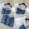 Women's Blouses Love Patch Off-Shoulder Straps Shirt High Waist Short Strap Blouse Colorblock Embroidery Shirts Summer Girls Sexy Crop Tops