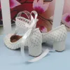 Dress Shoes White Lace Round Toe Med Thick Heel Wedding shoes Bride Ladies Shallow Ankle Strap Fashion Party Lace-up Pumps 230511