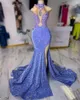 Sequins Neck Lilac High Long Prom Dress for Black Girls 2023 Appliques Birthday Party Dresses Sequined Evening Gowns Mermaid Robe De es