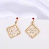 Boucles d'oreilles Vintage Square Gold Wire Wrap Solid 925 Silver Women Unique Earring With Natural Real Pearl Beads Handmade Wedding Gift