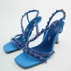 Sandalen Neue Sommer Damenschuhe Sandalen Blau Grün Perlen High Heels Luxus Edelstein Absatz 230417