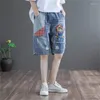 Kvinnors jeans retro sommarbyxor tecknad flicka lapp broderi denim knä längd byxor kvinnlig lös bredben tunn sektion