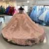 Roze prinses Quinceanera-jurken met Cape 3D Flower Applique Lace-Up Corset Cinderella Prom Birthday Sweet 16 jurk