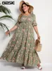 Plus size Dresses GIBSIE Plus Size Floral Print Knot Front Ruffle Hem Summer Dress Women Vacation Boho Puff Sleeve Split A-line Maxi Long Dresses 230511