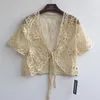 Damesbreien zomer dames haak kanten mesh schouderophalend bolero v kraag korte mouw borduurwerkombloem doorzichtige vintage vestiging sjaaljas