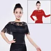 Stage Wear Lace Neck Fringe Design Women Latin Dance Tops Long Sleeve Black Dancing Dress Cloth Tango Red T-shirts 2023
