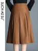 SU女性ブラックブラウンボタンハイウエストプリーツスカート秋冬S-3XLサイズの女性の中央スカート230511などのスカート