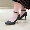 Dress Shoes Big Size 11 12 13 14 Ladies High Heels Women Woman Pumps Fine-heeled Sequins With One-word Buckle Metal Decoration