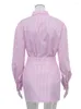 Robes de travail Jyate Mode Rose Stripe Deux Pièces Ensembles Femmes Outifits Automne Sexy Chemises À Manches Longues Correspondant Taille Haute Mini Jupe 2023