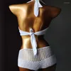 Women's Swimwear 2023 Vacation Sexy Bikini Set Diamond Rhinestion Push Up Handmade Crochet Bathing Suit High Waist Swimsuit