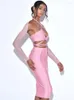 Two Piece Dress BEVENCCEL Sexy Summer Women Pink Lace Up Bandage Short Top Wrapped Hip Skirt Tulle Mesh Sleeve 3 Tight Celebrity Set 2023