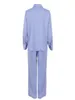 Zweiteilige Damenhose Mnealways18 Blau Eleganter 2-teiliger Damen-Hosenanzug Büro-Satin-Outfits Knopfhemden und weite Beine Lange Hosen Übergröße Anzug Damen 230511