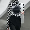 Kvinnors T-skjortor BKLD 2023 Spring Streetwear Plaid Checkerboard Print Pullover Stretch Y2K T-shirt Women Casual Long Sleeve High Neck