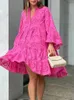 Casual Dresses Summer Loose Vintage Solid Lace Dress Fashion V-Neck Flare Sleeve Brodery Dress Women Sexy Hollow Out Pattern Mini Dresses 230511