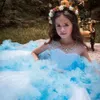2023 Rosa azul Vestidos de niña de las flores Flores 3D cuello de cristal Vestido de desfile de niñas vestido de daminha Vestido para niños por encargo Ruffle Tiered Sweep Train Birthday