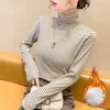 T-shirts pour femmes T-shirt à manches longues et col haut pour femmes Slim Casual Velvet Stripe Épais Et Chaud Style Coréen Automne Hiver