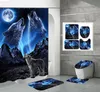 Curtains 3D Wolf Print Shower Curtain Set Moonlight Wolves Bathroom Mat Toilet Cover Rug Waterproof Fabric Bathtub Partition Curtains Set