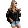 Vrouwen shirts zomer solide kleur chiffon sexy plus size blouses shirts losse v-hals kanten hollow out borduurwerk blouses Koreaanse mode