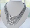 Chains Fashion 15 Rows Gray Leather Rope & 11-12mm White Freshwater Pearl Necklace