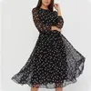 Casual Dresses Summer Women's Chiffon Dress 2023 Långärmad kaffefärg Black Wave Dot Spets tryckt