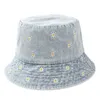 Stingy Brim Chapeaux Printemps Denim Dessin Animé Fleur Broderie Seau Chapeau Pêcheur Chapeau En Plein Air Voyage Soleil Cap Pour Fille Et Femmes 158 230511