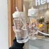 Kreativ tecknad vattenflaska med halm söt plast Drinking Bottle Portable Leak-Proof Drinkware för att dricka mjölkkaffe te