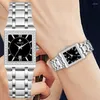 Avanadores de punho Moda Mulheres assistem wwoor ladies quartzo quadrado diamante pulseira de bracelete de aço inoxidável de aço inoxidável Relogio feminino