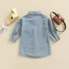 Robes de fille enfants bébé filles robe de jean revers couleur solide manches longues avec sac de taille poches bouton fermeture 2-5T